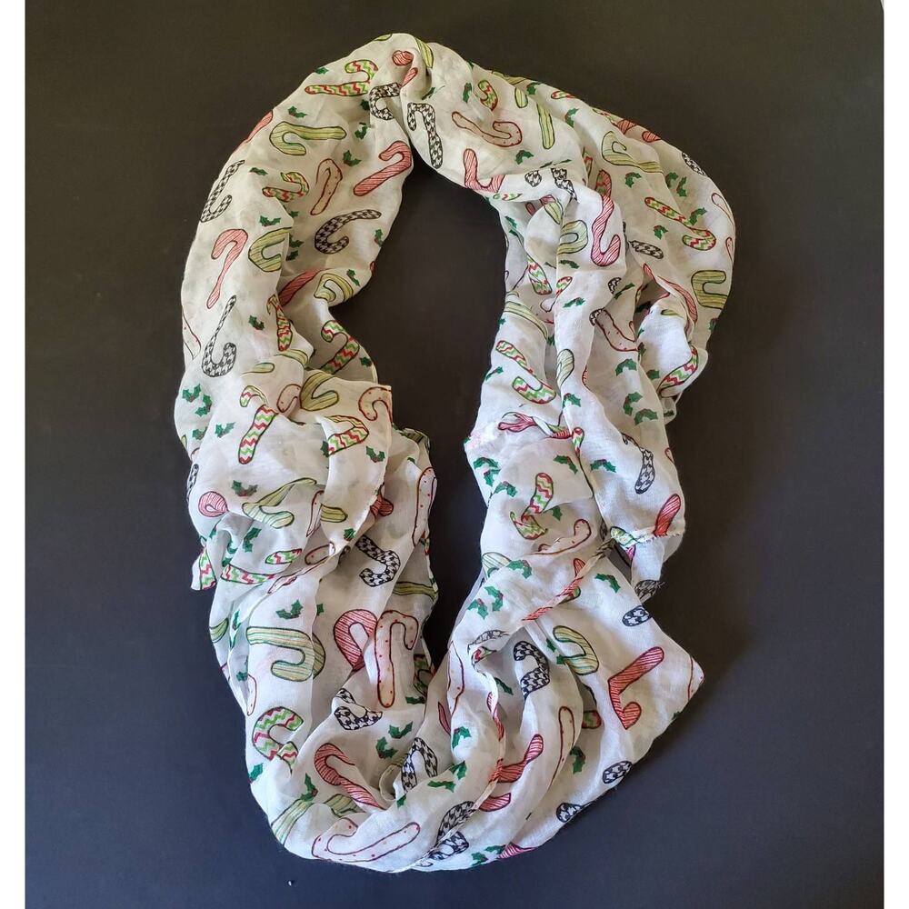 Candy Cane Infinity Scarf Womens White Red Christmas Rectangle Wrap Sheer New